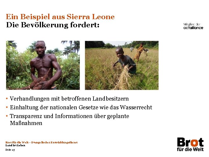 Ein Beispiel aus Sierra Leone Die Bevölkerung fordert: • Verhandlungen mit betroffenen Landbesitzern •