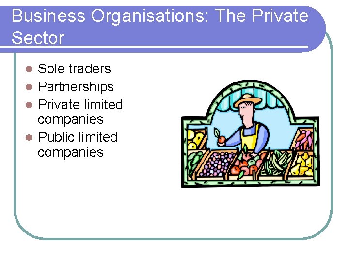 Business Organisations: The Private Sector Sole traders Partnerships Private limited companies Public limited companies