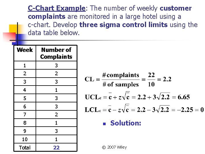 C-Chart Example: The number of weekly customer complaints are monitored in a large hotel