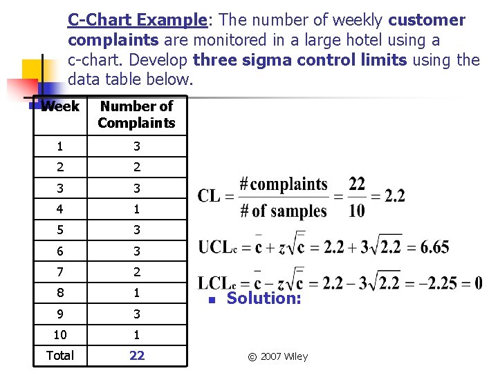 C-Chart Example: The number of weekly customer complaints are monitored in a large hotel