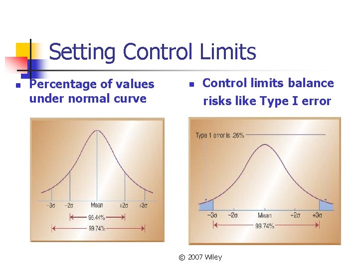 Setting Control Limits n Percentage of values under normal curve n Control limits balance