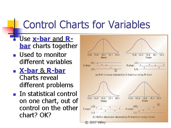 Control Charts for Variables n n Use x-bar and Rbar charts together Used to