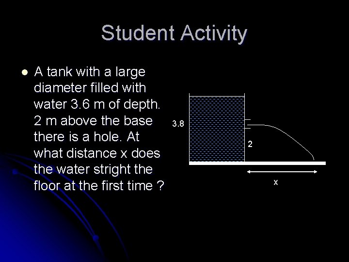 Student Activity l A tank with a large diameter filled with water 3. 6