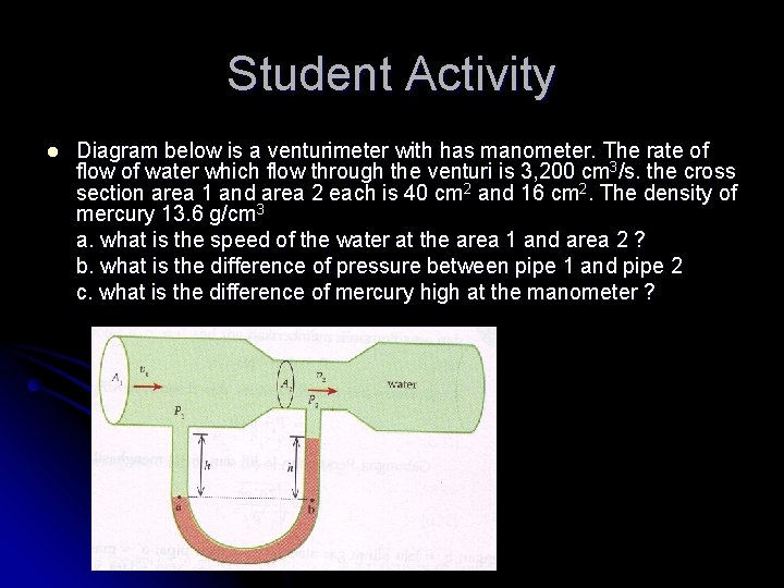 Student Activity l Diagram below is a venturimeter with has manometer. The rate of