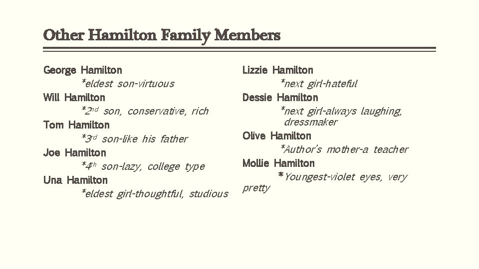 Other Hamilton Family Members George Hamilton Lizzie Hamilton *eldest son-virtuous Will Hamilton *next girl-hateful