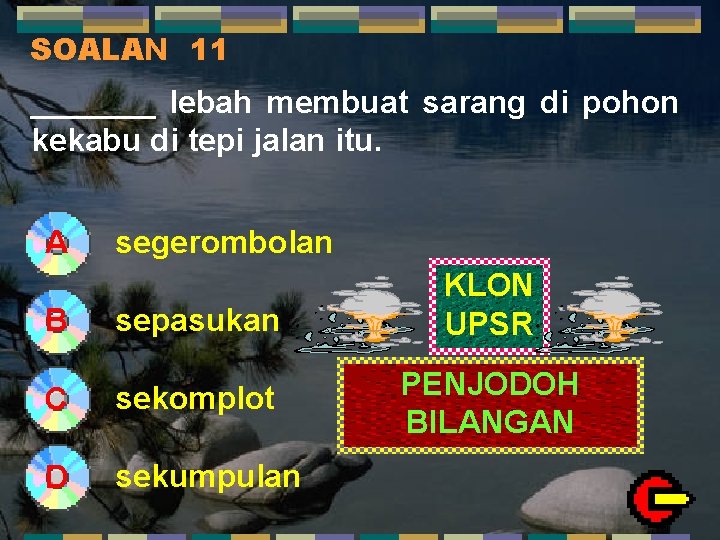 SOALAN 11 _______ lebah membuat sarang di pohon kekabu di tepi jalan itu. A