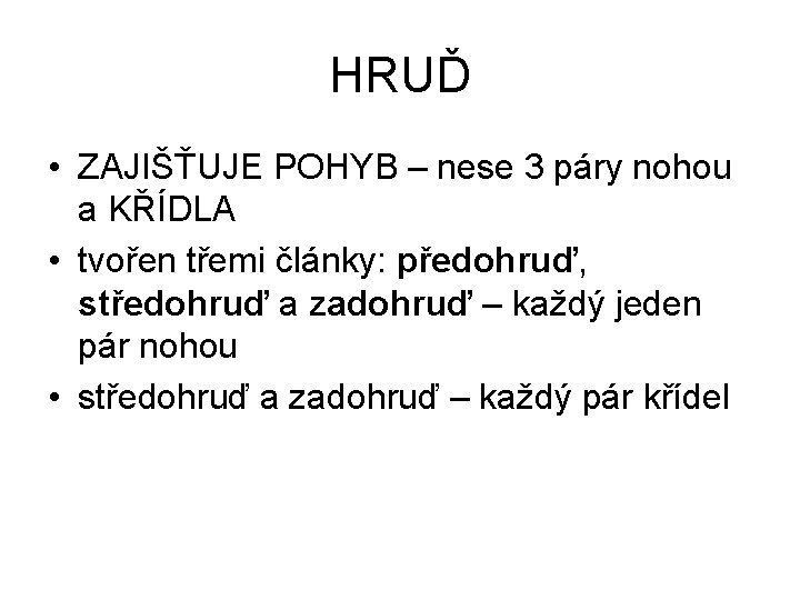 HRUĎ • ZAJIŠŤUJE POHYB – nese 3 páry nohou a KŘÍDLA • tvořen třemi