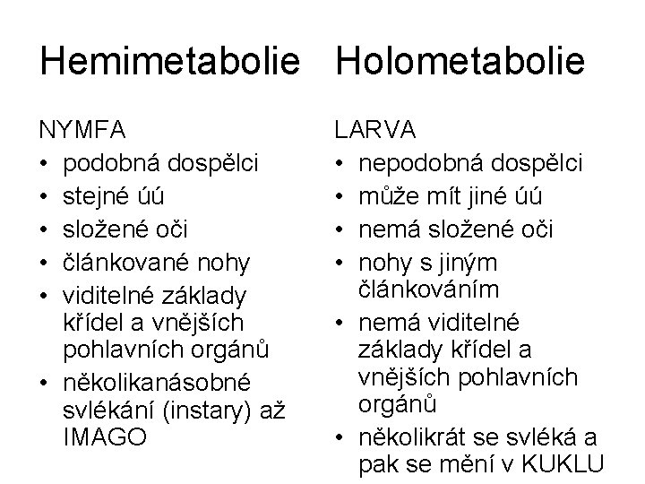 Hemimetabolie Holometabolie NYMFA • podobná dospělci • stejné úú • složené oči • článkované