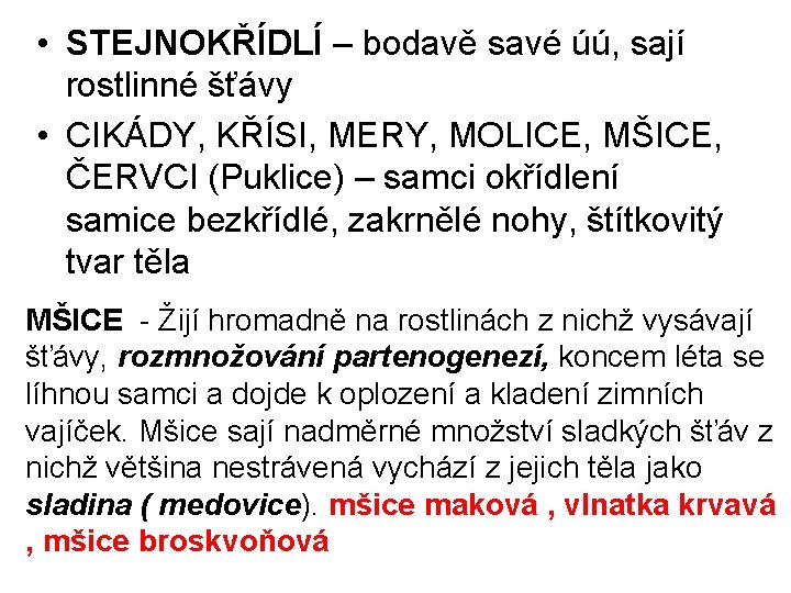  • STEJNOKŘÍDLÍ – bodavě savé úú, sají rostlinné šťávy • CIKÁDY, KŘÍSI, MERY,