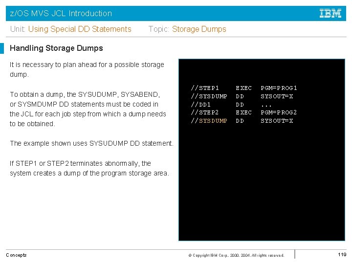 z/OS MVS JCL Introduction Unit: Using Special DD Statements Topic: Storage Dumps Handling Storage