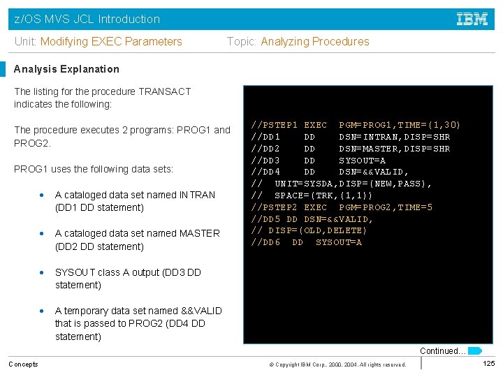 z/OS MVS JCL Introduction Unit: Modifying EXEC Parameters Topic: Analyzing Procedures Analysis Explanation The
