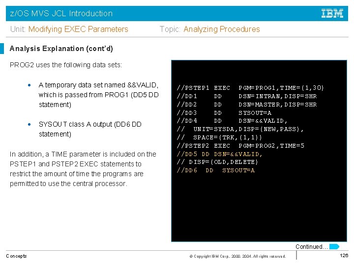 z/OS MVS JCL Introduction Unit: Modifying EXEC Parameters Topic: Analyzing Procedures Analysis Explanation (cont’d)