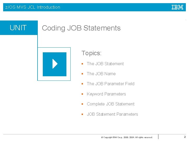 z/OS MVS JCL Introduction UNIT Coding JOB Statements Topics: § The JOB Statement §