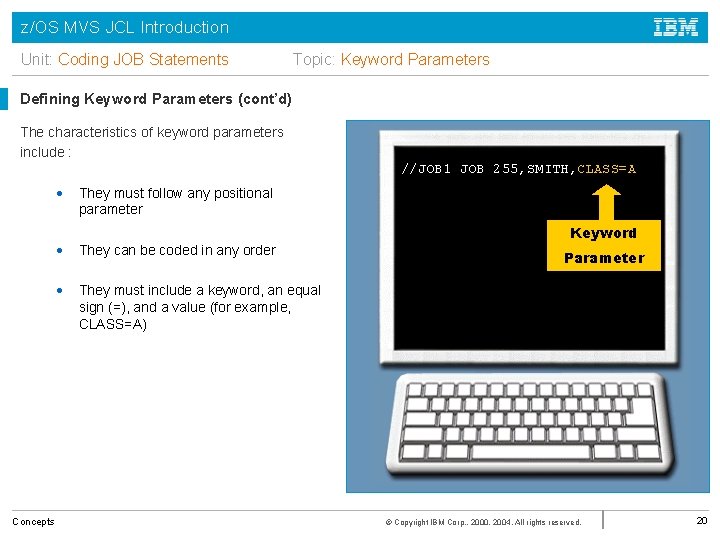 z/OS MVS JCL Introduction Unit: Coding JOB Statements Topic: Keyword Parameters Defining Keyword Parameters