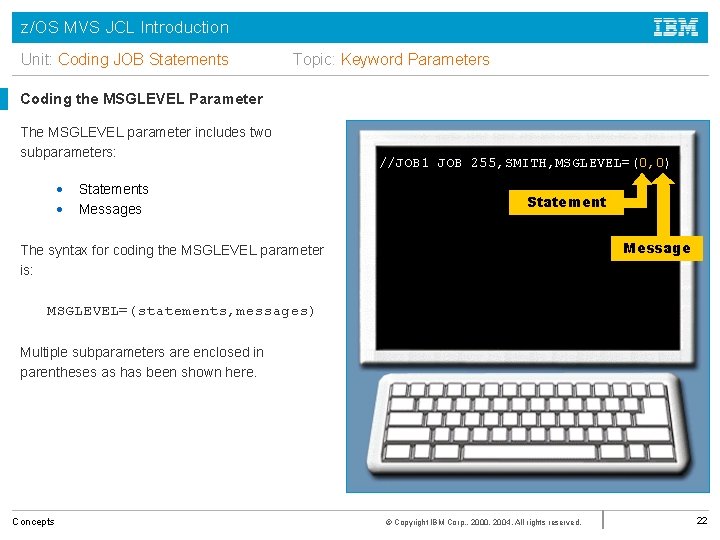 z/OS MVS JCL Introduction Unit: Coding JOB Statements Topic: Keyword Parameters Coding the MSGLEVEL