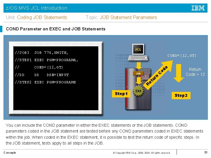 z/OS MVS JCL Introduction Unit: Coding JOB Statements Topic: JOB Statement Parameters COND Parameter