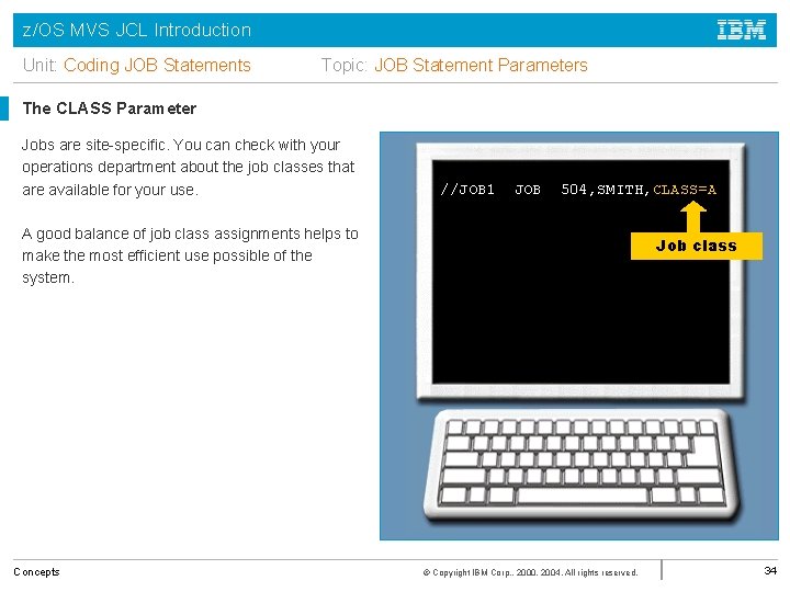 z/OS MVS JCL Introduction Unit: Coding JOB Statements Topic: JOB Statement Parameters The CLASS