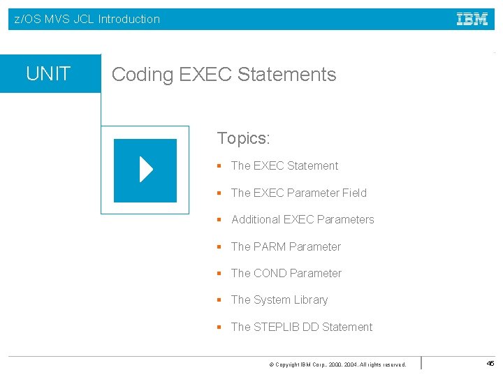 z/OS MVS JCL Introduction UNIT Coding EXEC Statements Topics: § The EXEC Statement §