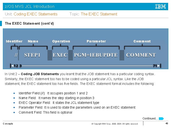 z/OS MVS JCL Introduction Unit: Coding EXEC Statements Topic: The EXEC Statement (cont’d) Identifier