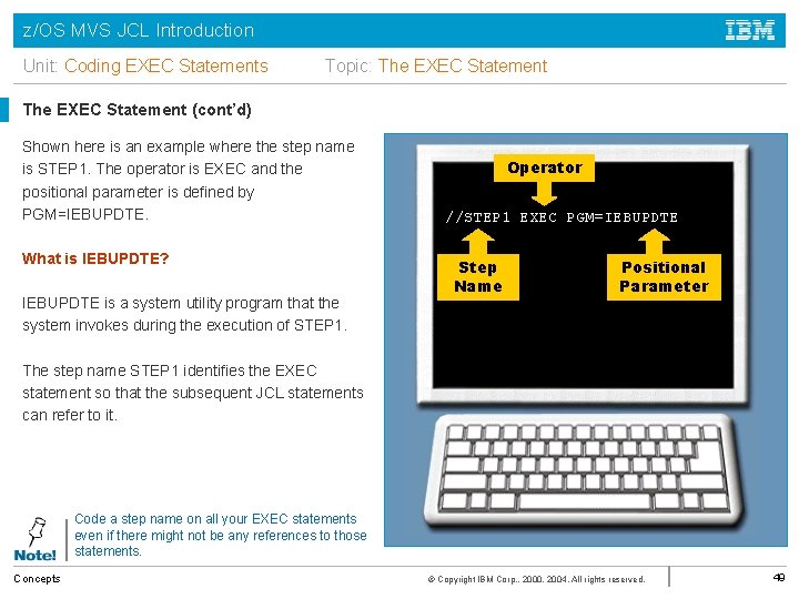 z/OS MVS JCL Introduction Unit: Coding EXEC Statements Topic: The EXEC Statement (cont’d) Shown