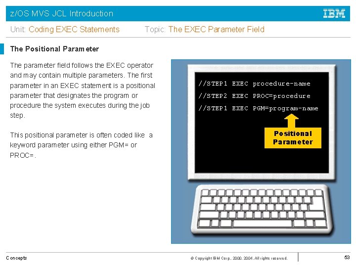 z/OS MVS JCL Introduction Unit: Coding EXEC Statements Topic: The EXEC Parameter Field The
