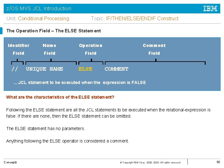 z/OS MVS JCL Introduction Topic: IF/THEN/ELSE/ENDIF Construct Unit: Conditional Processing The Operation Field –