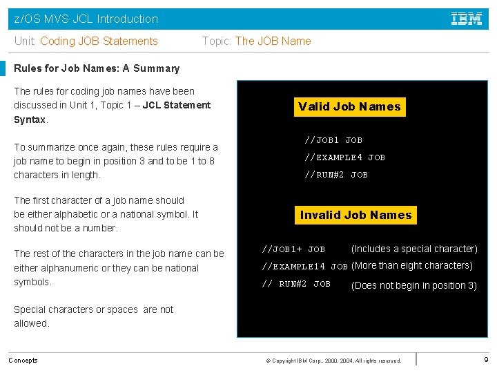 z/OS MVS JCL Introduction Unit: Coding JOB Statements Topic: The JOB Name Rules for