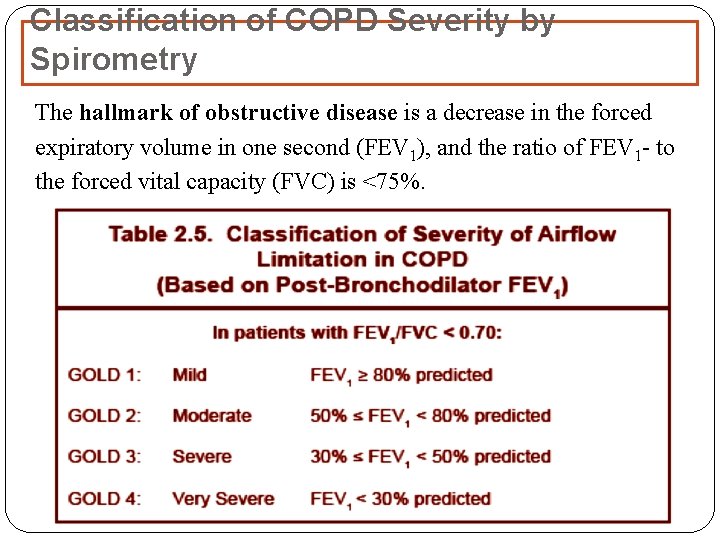 Classification of COPD Severity by Spirometry The hallmark of obstructive disease is a decrease