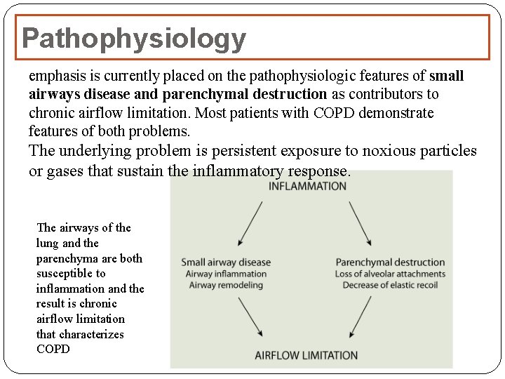 Pathophysiology emphasis is currently placed on the pathophysiologic features of small airways disease and