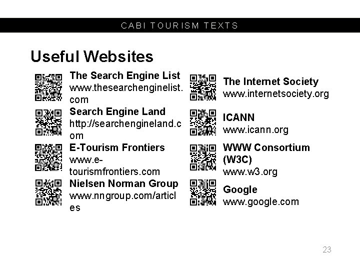 CABI TOURISM TEXTS Useful Websites The Search Engine List www. thesearchenginelist. com Search Engine