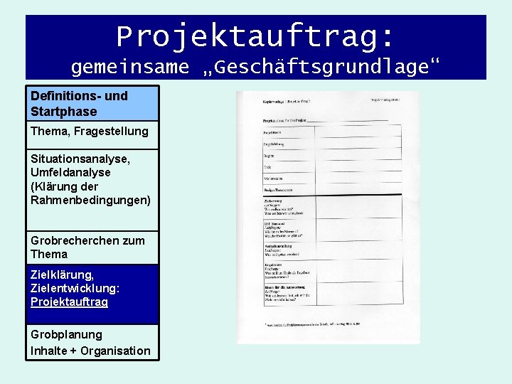 Projektauftrag: gemeinsame „Geschäftsgrundlage“ Definitions- und Startphase Thema, Fragestellung Situationsanalyse, Umfeldanalyse (Klärung der Rahmenbedingungen) Grobrecherchen