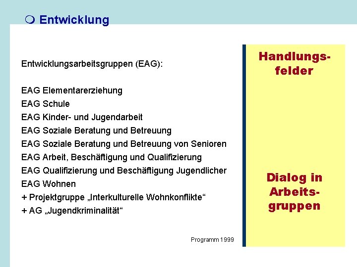 m Entwicklung Handlungsfelder Entwicklungsarbeitsgruppen (EAG): EAG Elementarerziehung EAG Schule EAG Kinder- und Jugendarbeit EAG