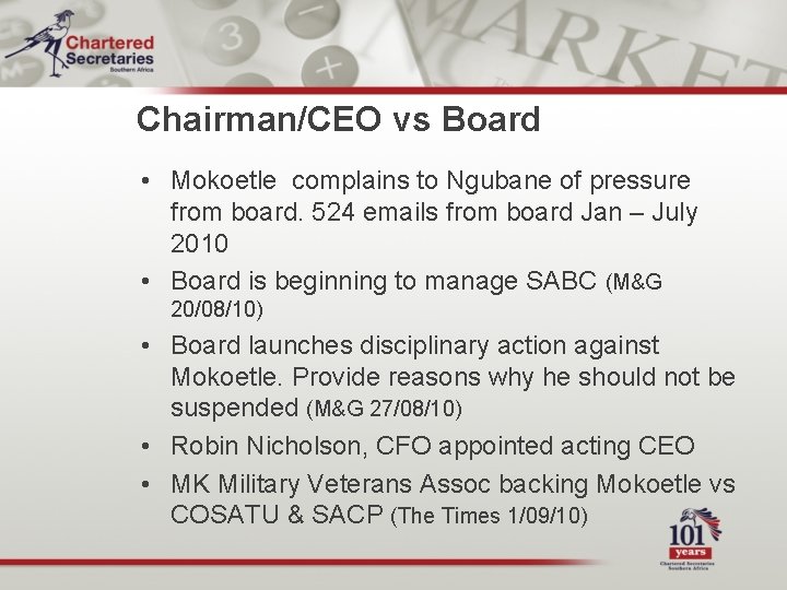 Chairman/CEO vs Board • Mokoetle complains to Ngubane of pressure from board. 524 emails