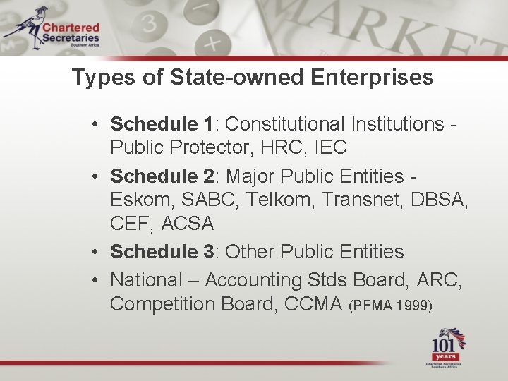 Types of State-owned Enterprises • Schedule 1: Constitutional Institutions Public Protector, HRC, IEC •