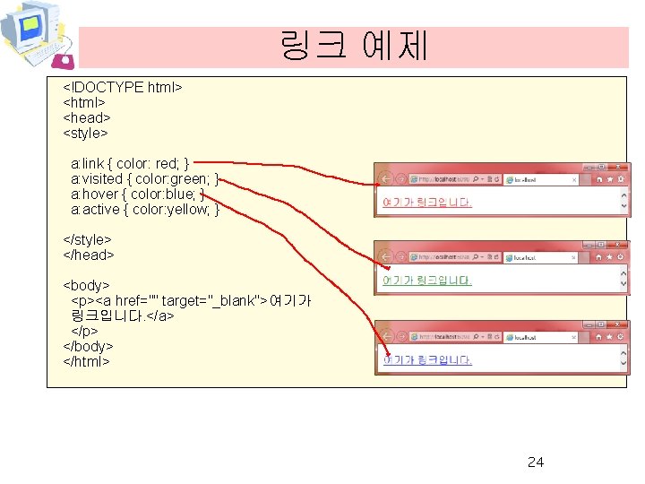 링크 예제 <!DOCTYPE html> <head> <style> a: link { color: red; } a: visited