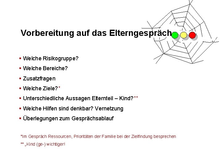 Vorbereitung auf das Elterngespräch § Welche Risikogruppe? § Welche Bereiche? § Zusatzfragen § Welche