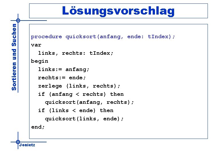 Sortieren und Suchen Lösungsvorschlag procedure quicksort(anfang, ende: t. Index); var links, rechts: t. Index;