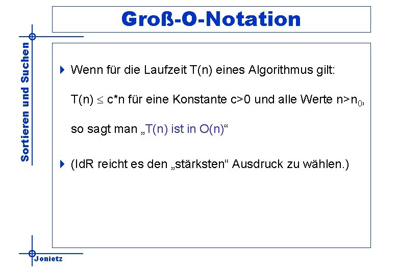 Sortieren und Suchen Groß-O-Notation 4 Wenn für die Laufzeit T(n) eines Algorithmus gilt: T(n)