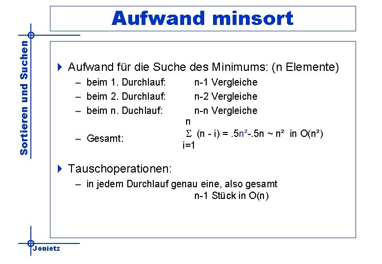 Sortieren und Suchen Aufwand minsort 4 Aufwand für die Suche des Minimums: (n Elemente)