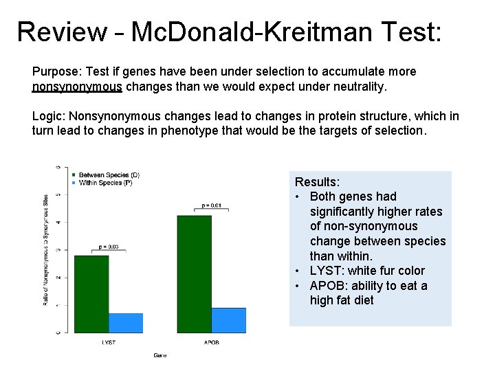 Review – Mc. Donald-Kreitman Test: Purpose: Test if genes have been under selection to