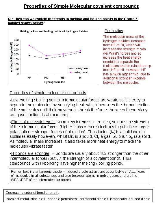 Properties of Simple Molecular covalent compounds Q. 1 How can we explain the trends