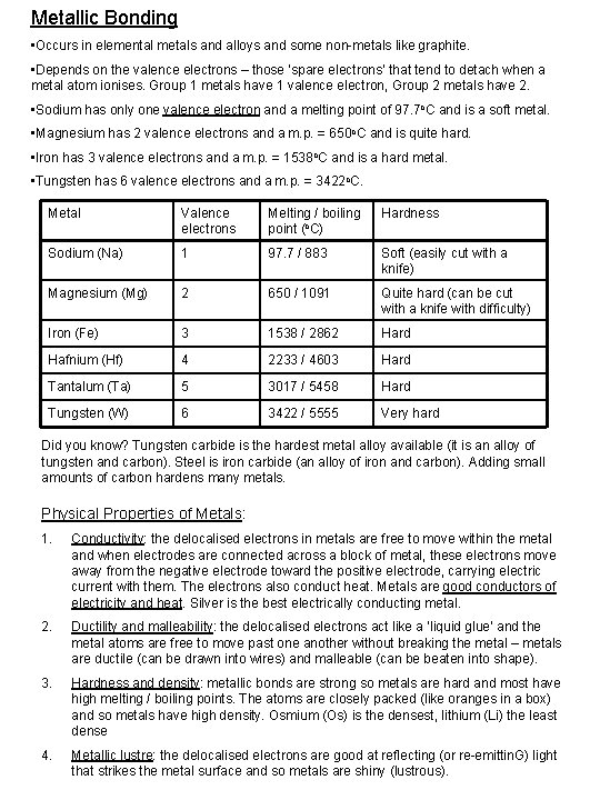 Metallic Bonding • Occurs in elemental metals and alloys and some non-metals like graphite.