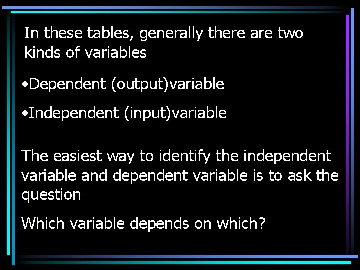 In these tables, generally there are two kinds of variables • Dependent (output)variable •