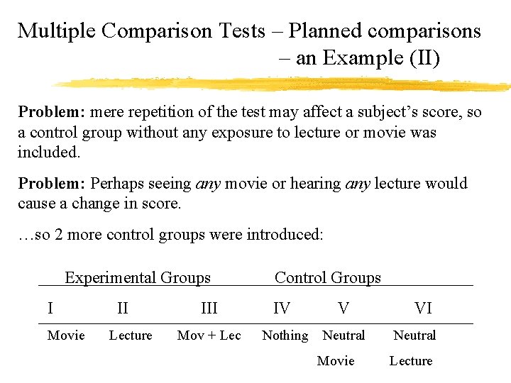 Multiple Comparison Tests – Planned comparisons – an Example (II) Problem: mere repetition of
