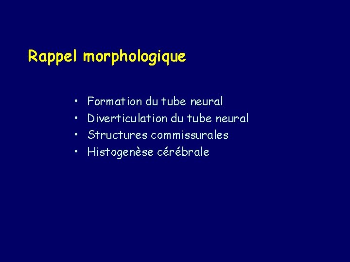 Rappel morphologique • • Formation du tube neural Diverticulation du tube neural Structures commissurales
