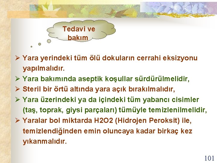 Tedavi ve bakım Ø Yara yerindeki tüm ölü dokuların cerrahi eksizyonu yapılmalıdır. Ø Yara