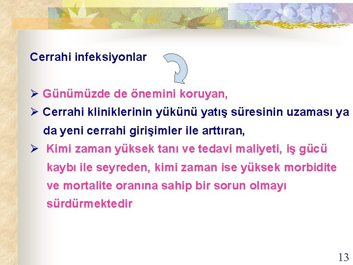 Cerrahi infeksiyonlar Ø Günümüzde de önemini koruyan, Ø Cerrahi kliniklerinin yükünü yatış süresinin uzaması