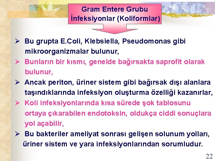 Gram Entere Grubu İnfeksiyonlar (Koliformlar) Ø Bu grupta E. Coli, Klebsiella, Pseudomonas gibi mikroorganizmalar