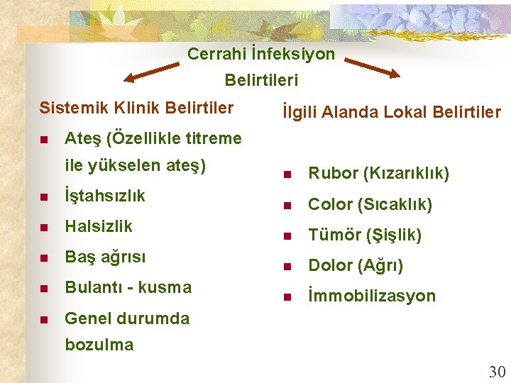Cerrahi İnfeksiyon Belirtileri Sistemik Klinik Belirtiler n İlgili Alanda Lokal Belirtiler Ateş (Özellikle titreme