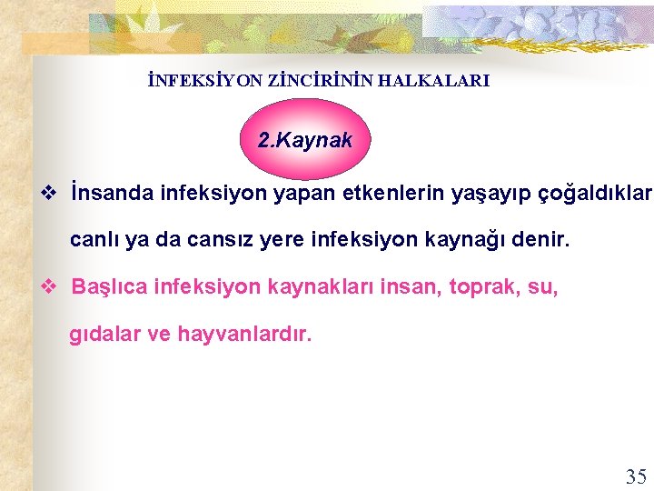 İNFEKSİYON ZİNCİRİNİN HALKALARI 2. Kaynak v İnsanda infeksiyon yapan etkenlerin yaşayıp çoğaldıkları canlı ya